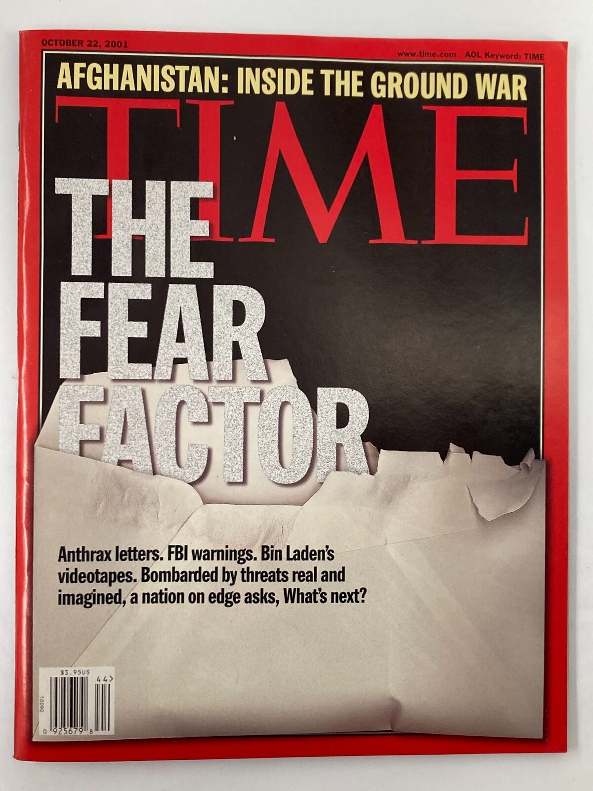 Time Magazine October 22 2001 cover image featuring 'The Fear Factor: Anthrax Letters' with headlines about anthrax threats and post-9/11 American society.