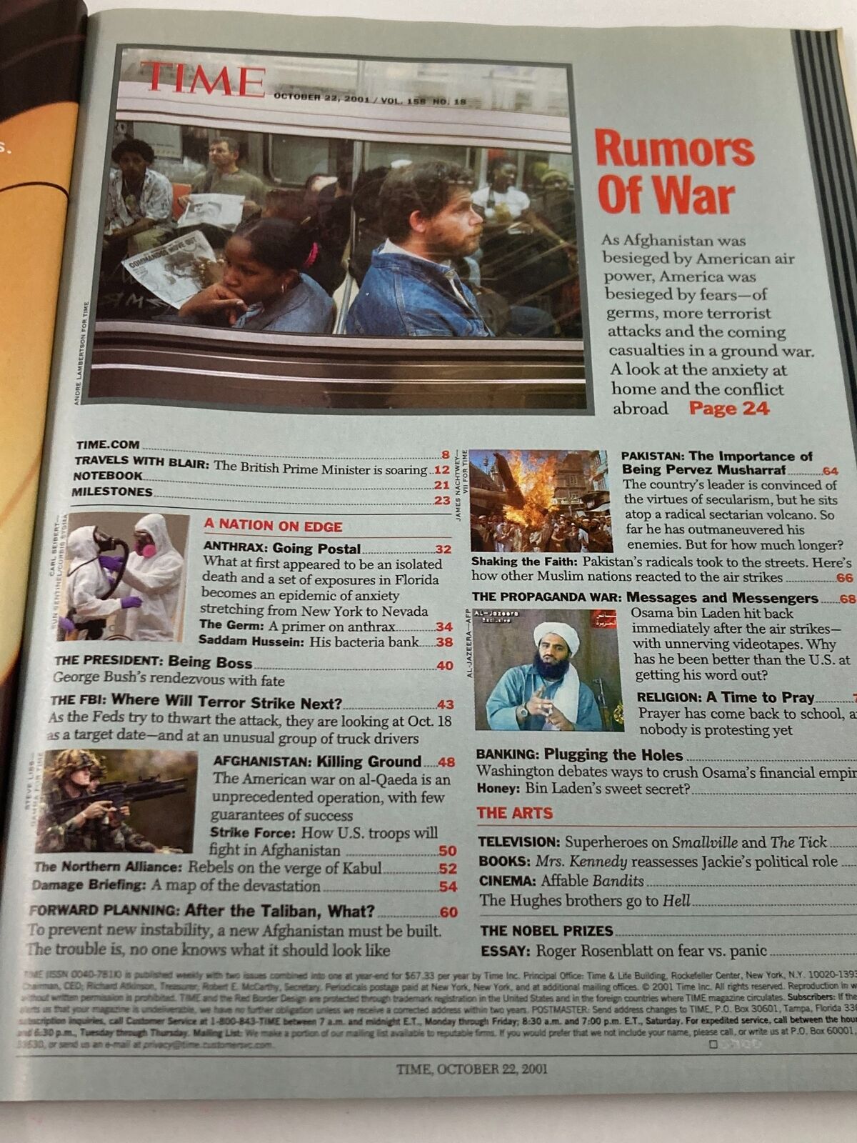Inside page of Time Magazine October 22 2001 showcasing articles related to the societal impact of fear during the War on Terror, including content on anthrax and Afghanistan.