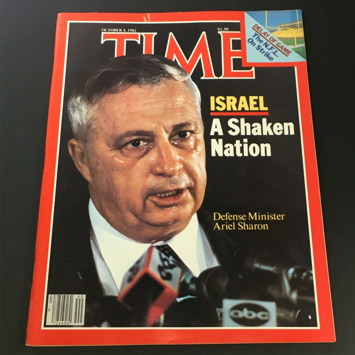 Cover image of VTG Time Magazine from October 4, 1982, featuring Defense Minister Ariel Sharon. The magazine's headline reads 'Israel A Shaken Nation', capturing a significant moment in political history.