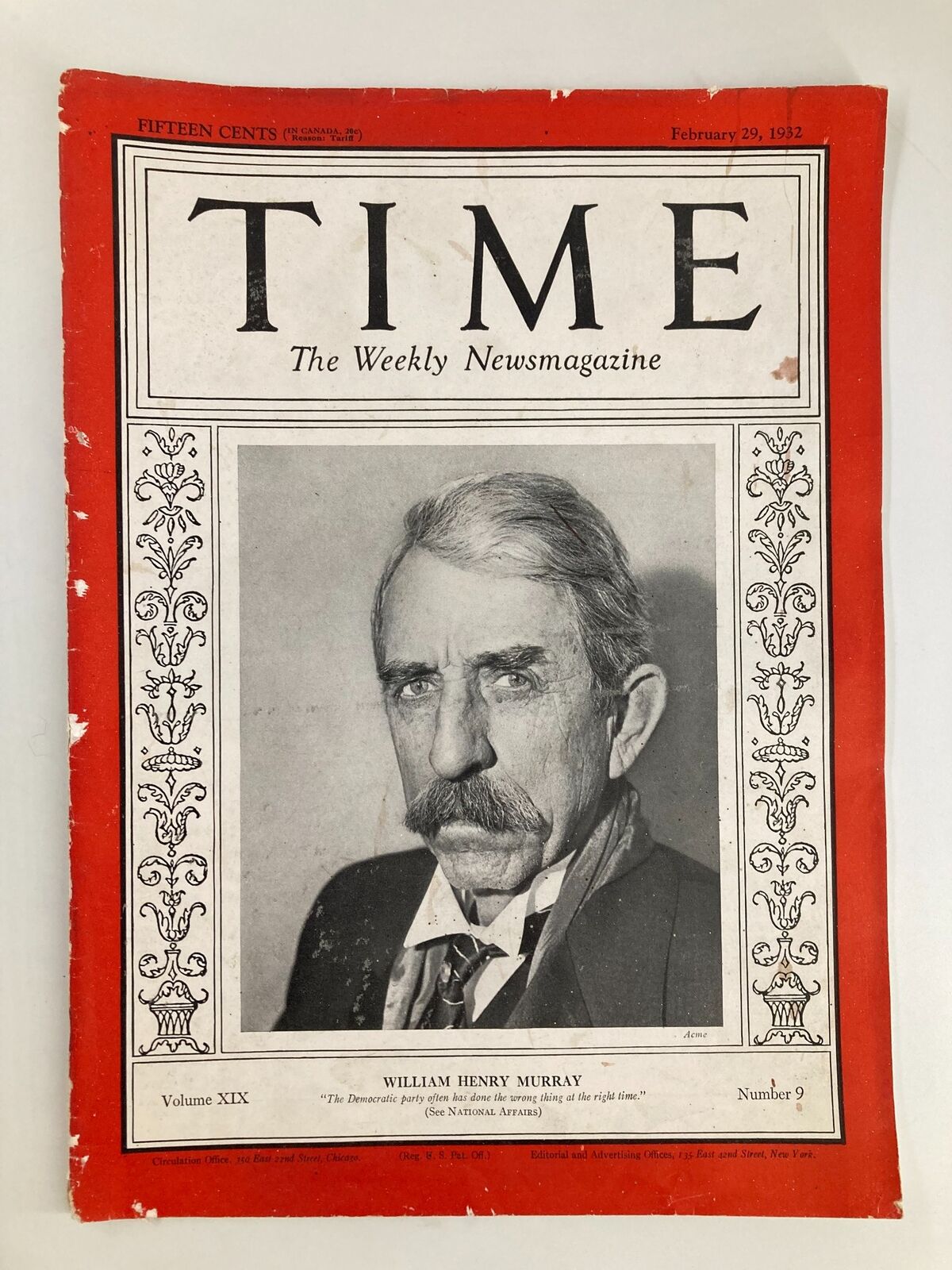 VTG Time Magazine February 29 1932 featuring William Henry Murray on the cover, showcasing a portrait and red border, highlighting historical publication details.