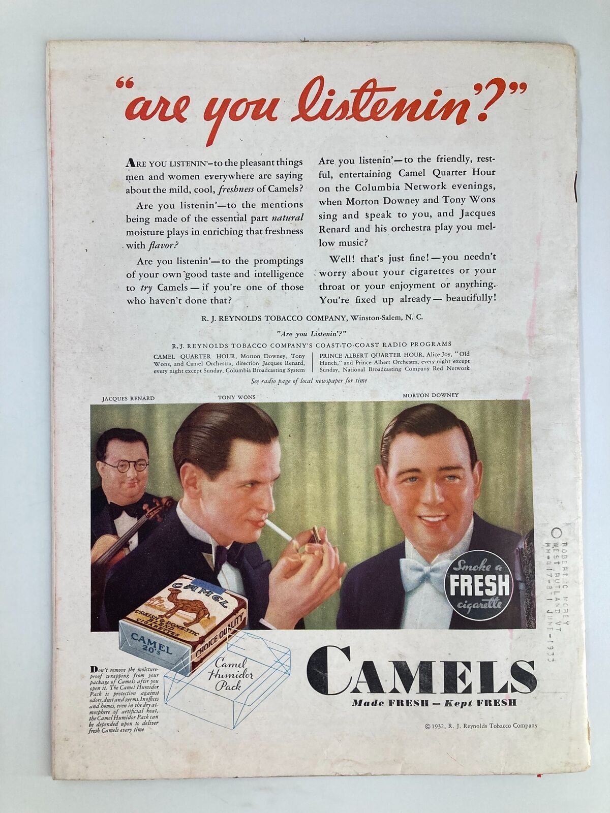 Back cover of VTG Time Magazine February 29 1932 featuring a vintage advertisement for Camels cigarettes, showcasing musicians and advertising text from R.J. Reynolds Tobacco Company.