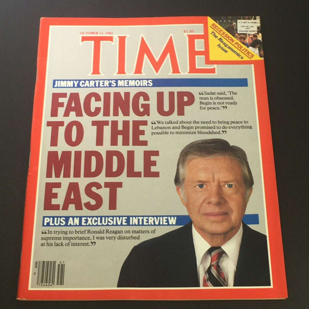 Cover of the VTG Time Magazine from October 11, 1982, featuring Jimmy Carter and the headline 'Facing Up to the Middle East'. The magazine cover reflects key political themes of the era, making it a valuable collectible.