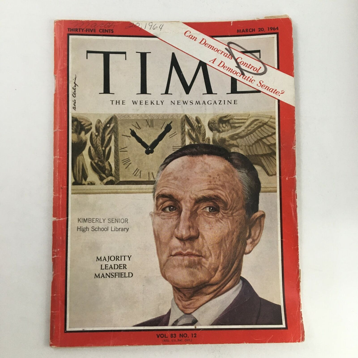 Vintage Time Magazine from March 20, 1964, featuring Majority Leader Mike Mansfield on the cover, showcasing historical political themes and imagery.