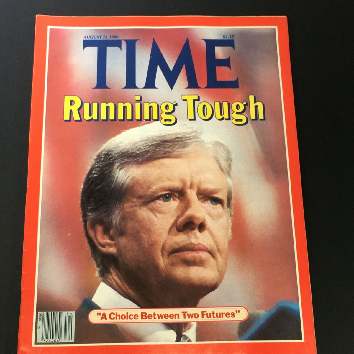 Vintage Time Magazine cover from August 25, 1980, featuring the title 'Running Tough' with a portrait of Jimmy Carter. A significant piece of American history showcasing Carter's political journey.