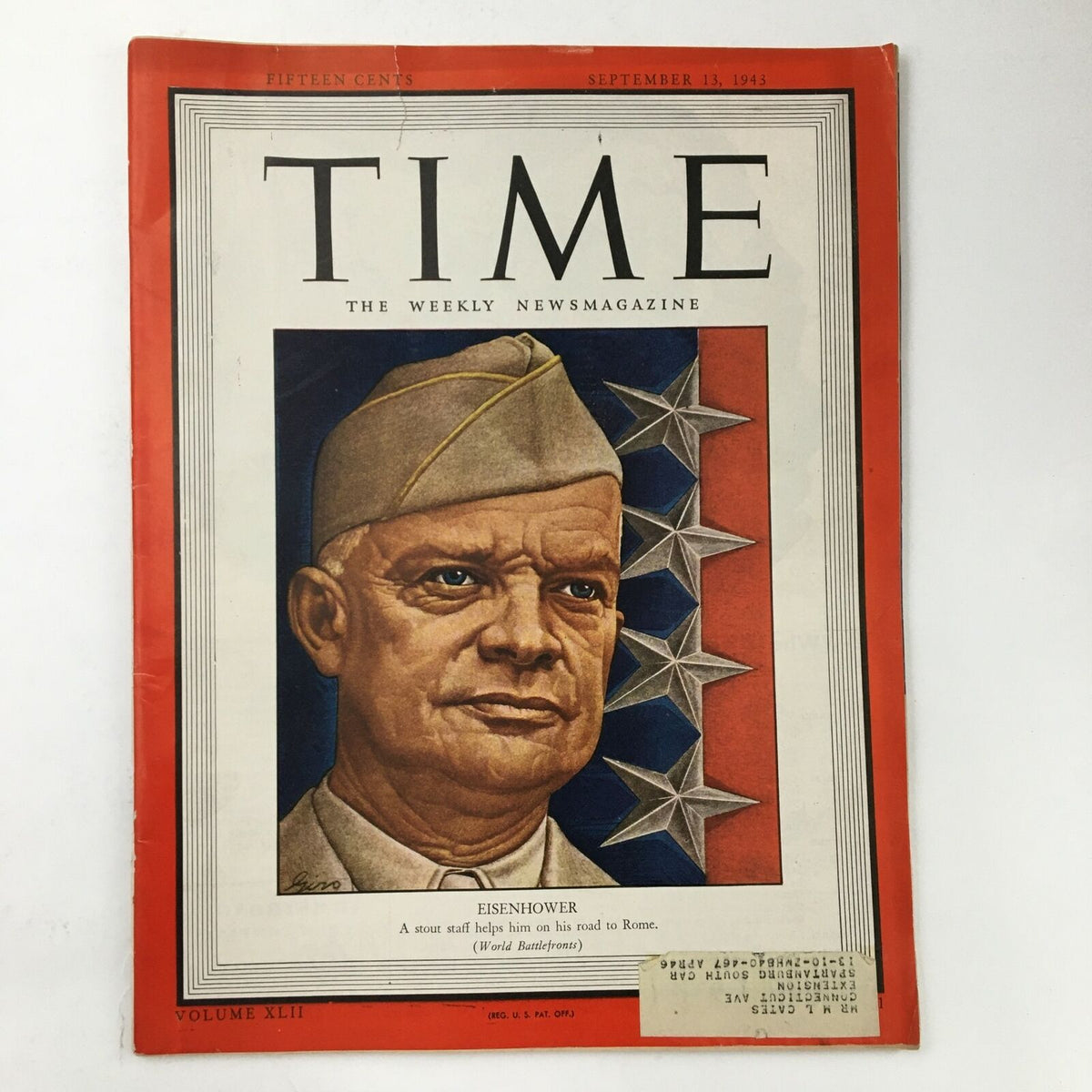 Cover of Time Magazine from September 13, 1943, featuring a portrait of General Dwight D. Eisenhower, titled 'Road to Rome'. The magazine showcases vibrant artwork with stars in the background.
