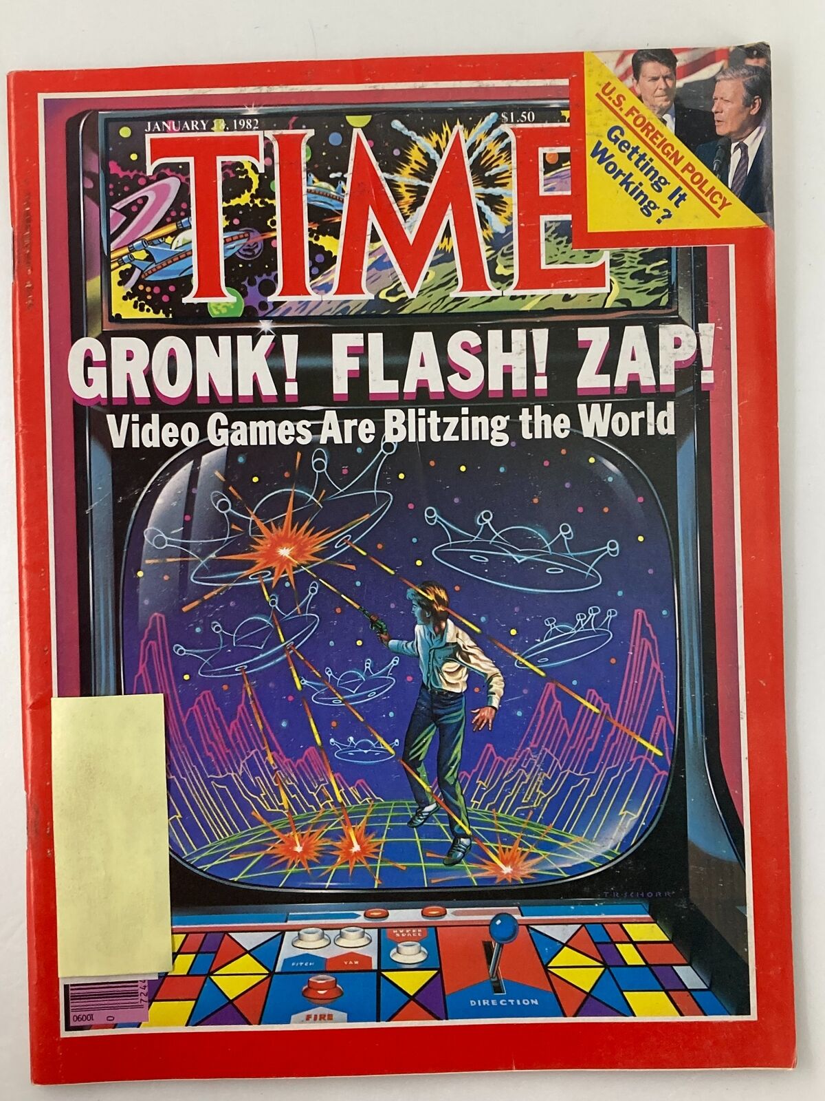 Cover of VTG Time Magazine January 18 1982 titled 'Video Games Are Blitzing the World' featuring vibrant artwork depicting a player engaged with a video game in a cosmic setting.