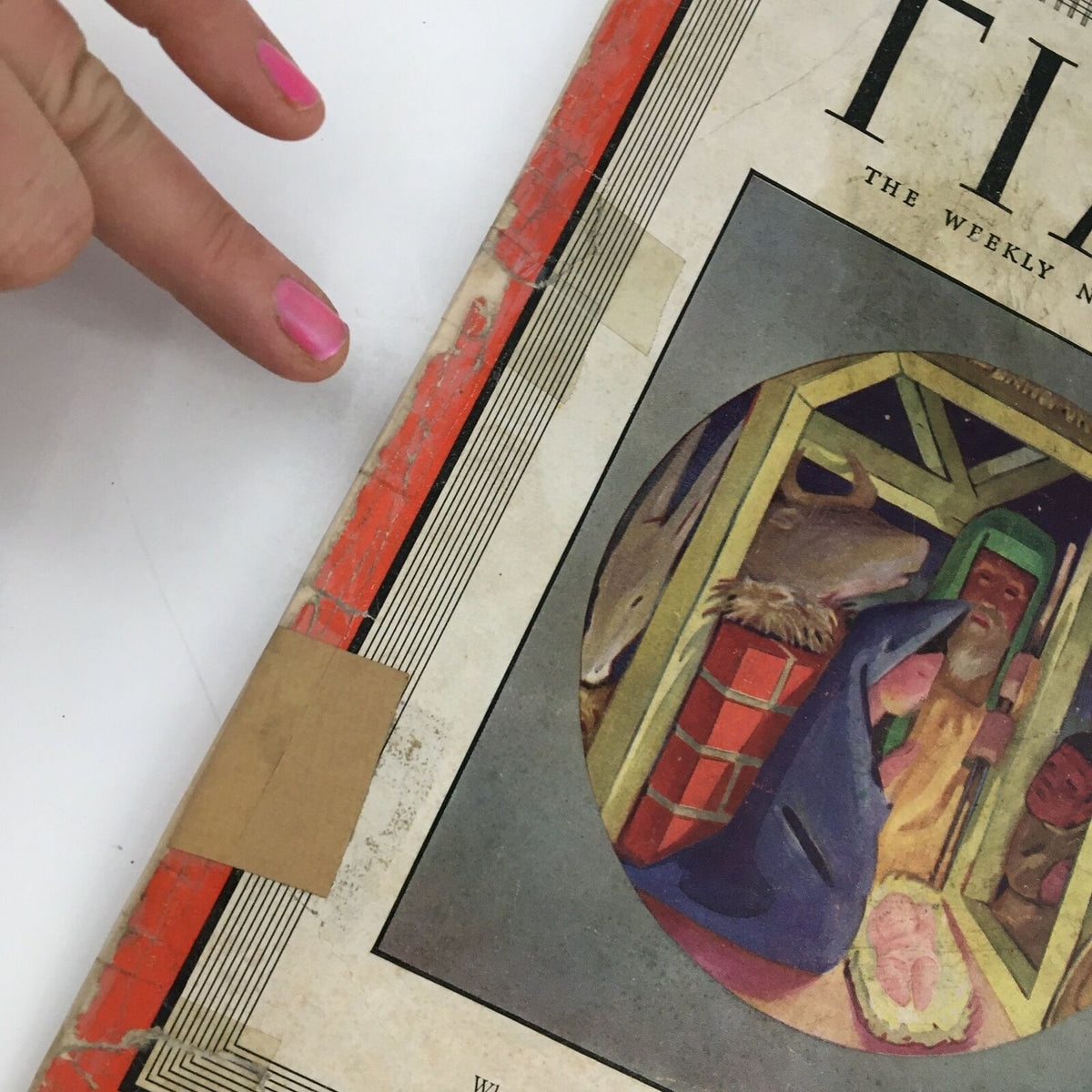 Side view of Time Magazine December 26 1938 Vol 32 #26 revealing binding and edge damage, featuring Charlot's 'Nativity' theme.
