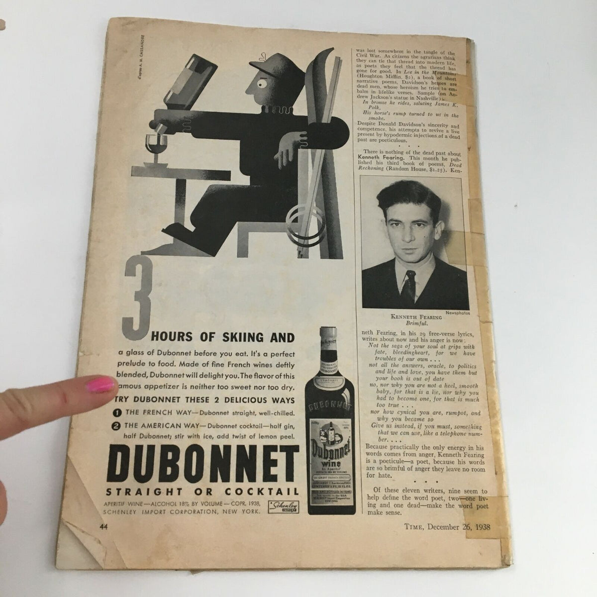 Back cover of Time Magazine December 26 1938, featuring an advertisement for Dubonnet, showcasing skiing and cocktail recommendations.