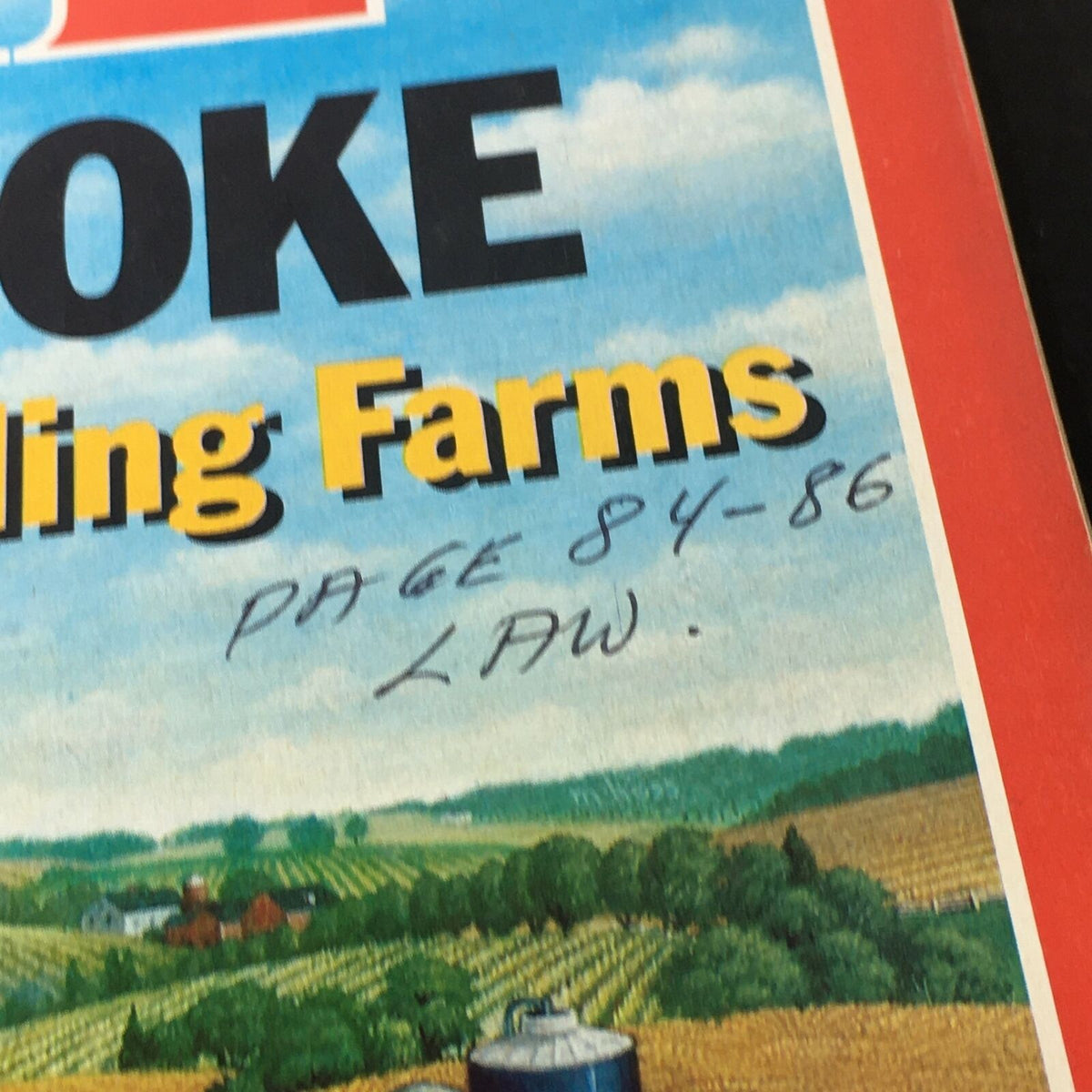 Close-up of VTG Time Magazine February 18 1985 cover highlighting the title 'Going Broke' and the subtitle 'Failing Farms' with handwritten notes.