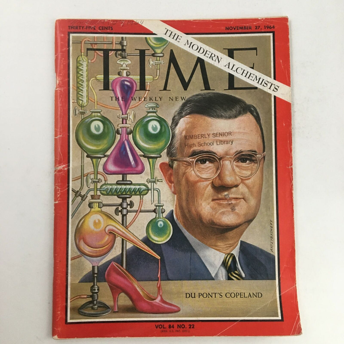 Cover of Time Magazine from November 27, 1964, titled 'The Modern Alchemists' featuring a portrait of Du Pont's Copeland surrounded by scientific glassware.
