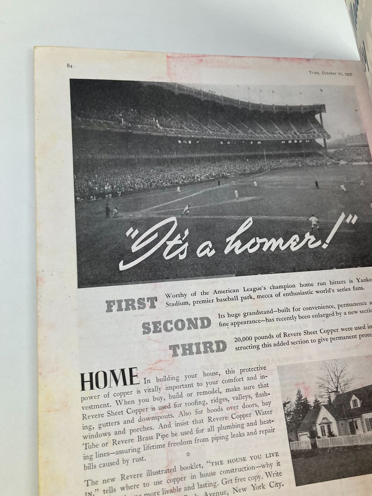 Vintage Time Magazine October 11, 1937, featuring a baseball scene at Yankee Stadium with the caption 'It's a homer!' detailing significant sports events of the era.