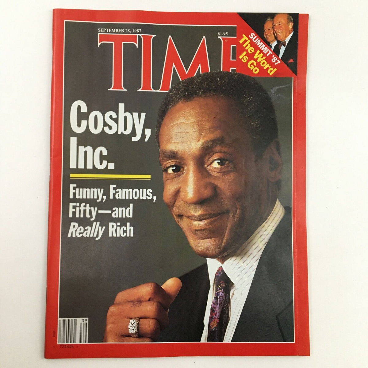 Cover of Time Magazine dated September 28, 1987 featuring comedian Bill Cosby with the title 'Cosby, Inc. Funny, Famous, Fifty—and Really Rich.' This vintage magazine is a collectible piece reflecting 1980s culture.