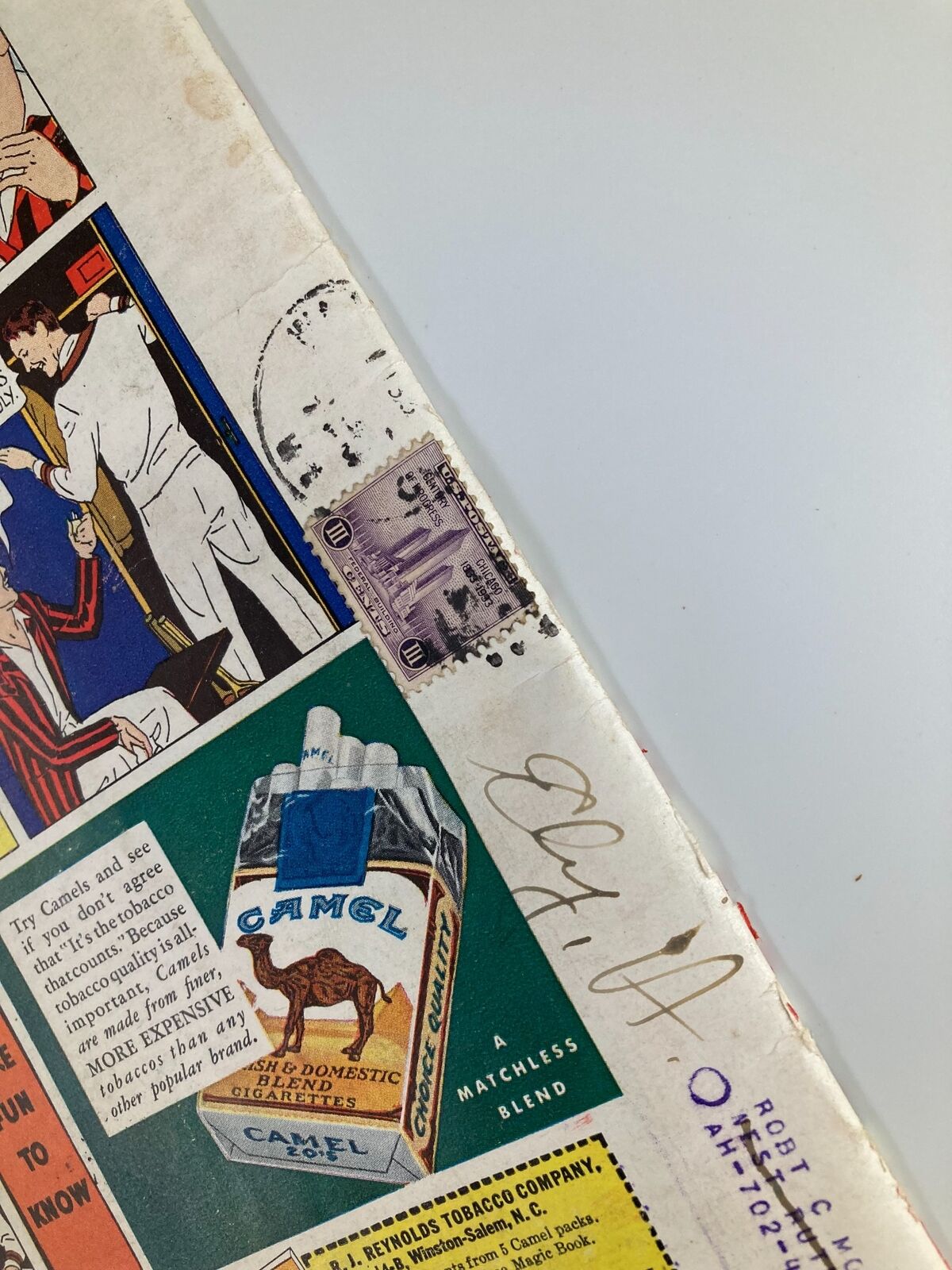 Detailed view of the back cover of VTG Time Magazine from July 17, 1933, highlighting a Camel Cigarettes advertisement with a humorous illustration, accompanied by vintage promotional details.