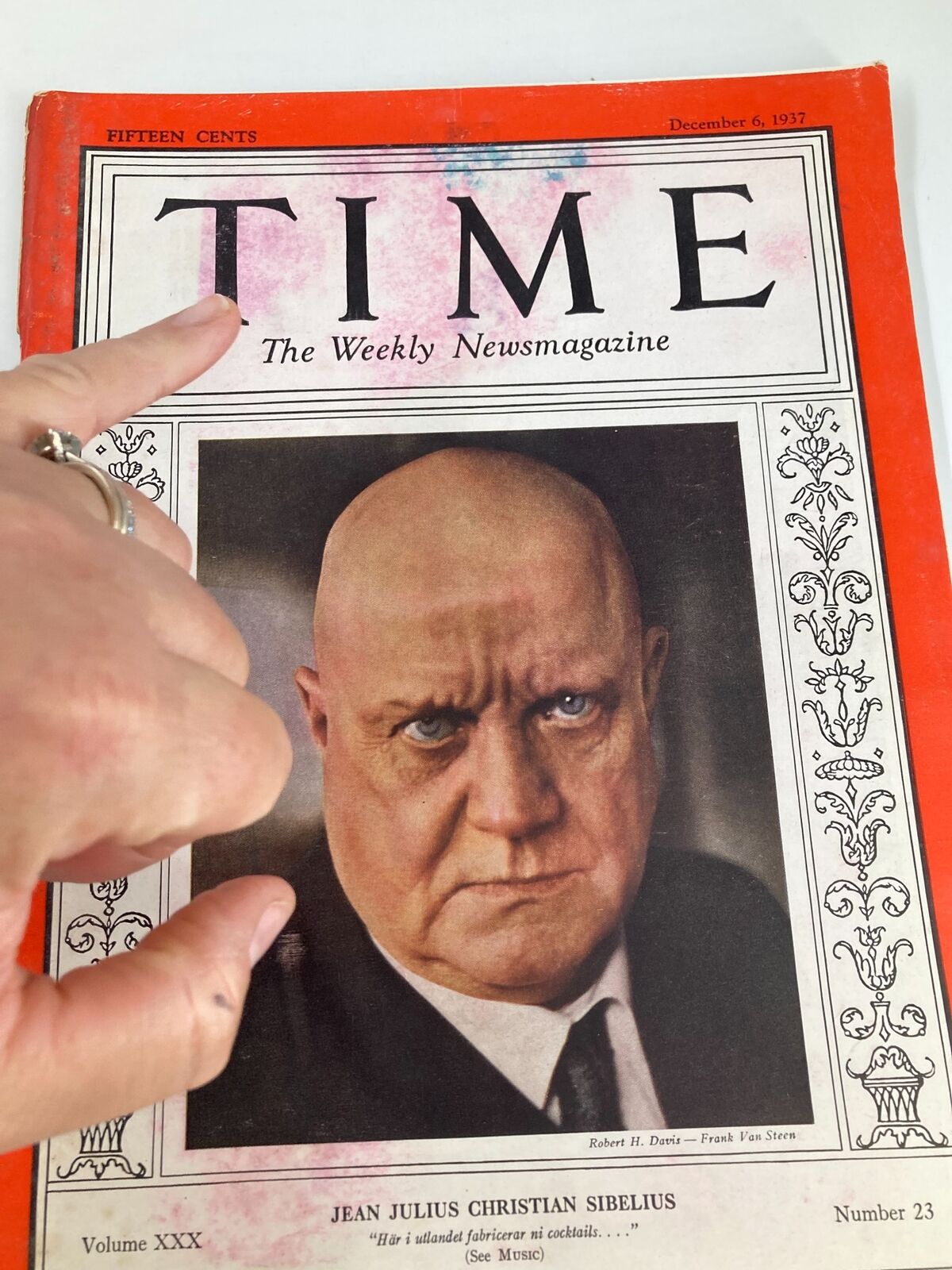 Close-up view of the Vintage Time Magazine cover from December 6, 1937 highlighting Jean Julius Christian Sibelius and magazine title details.