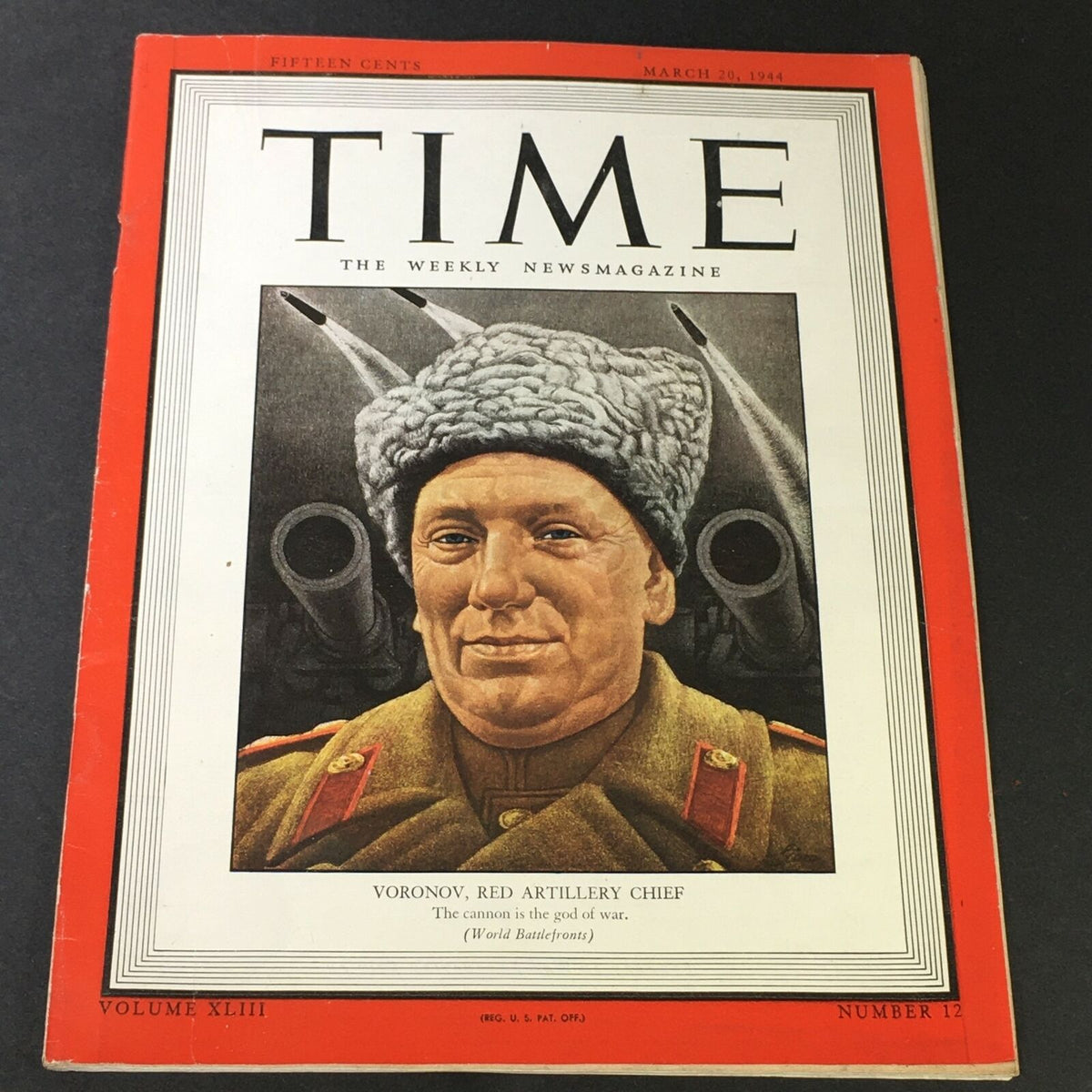 Cover of VTG Time Magazine Vol. 43 #12 March 20 1944 featuring military leader Nikolay Voronov, with the caption 'Voronov, Red Artillery Chief' and a striking illustration related to World War II.