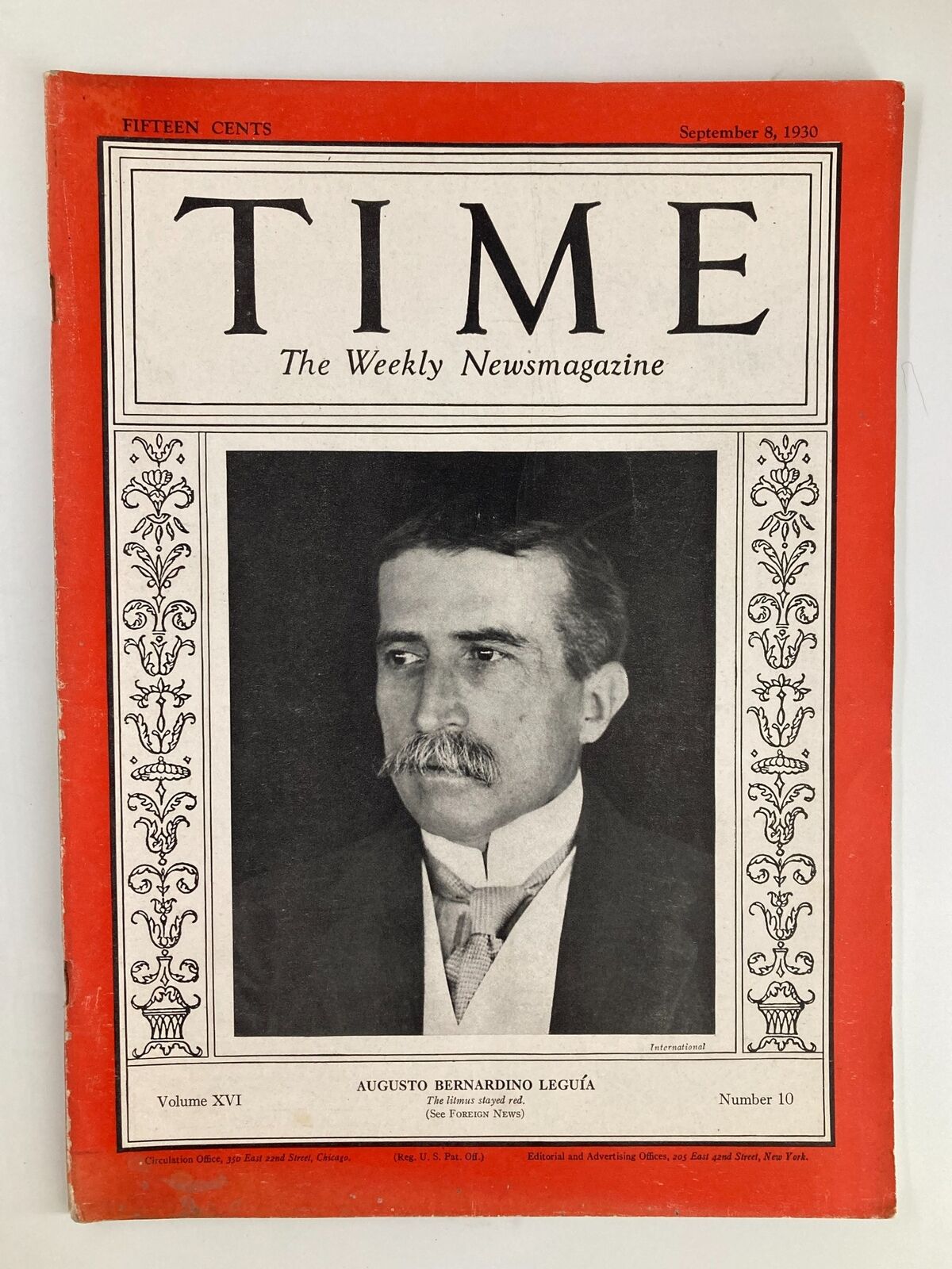 Cover image of VTG Time Magazine September 8 1930, featuring Augusto Bernardino Leguia, Volume 16, Number 10.