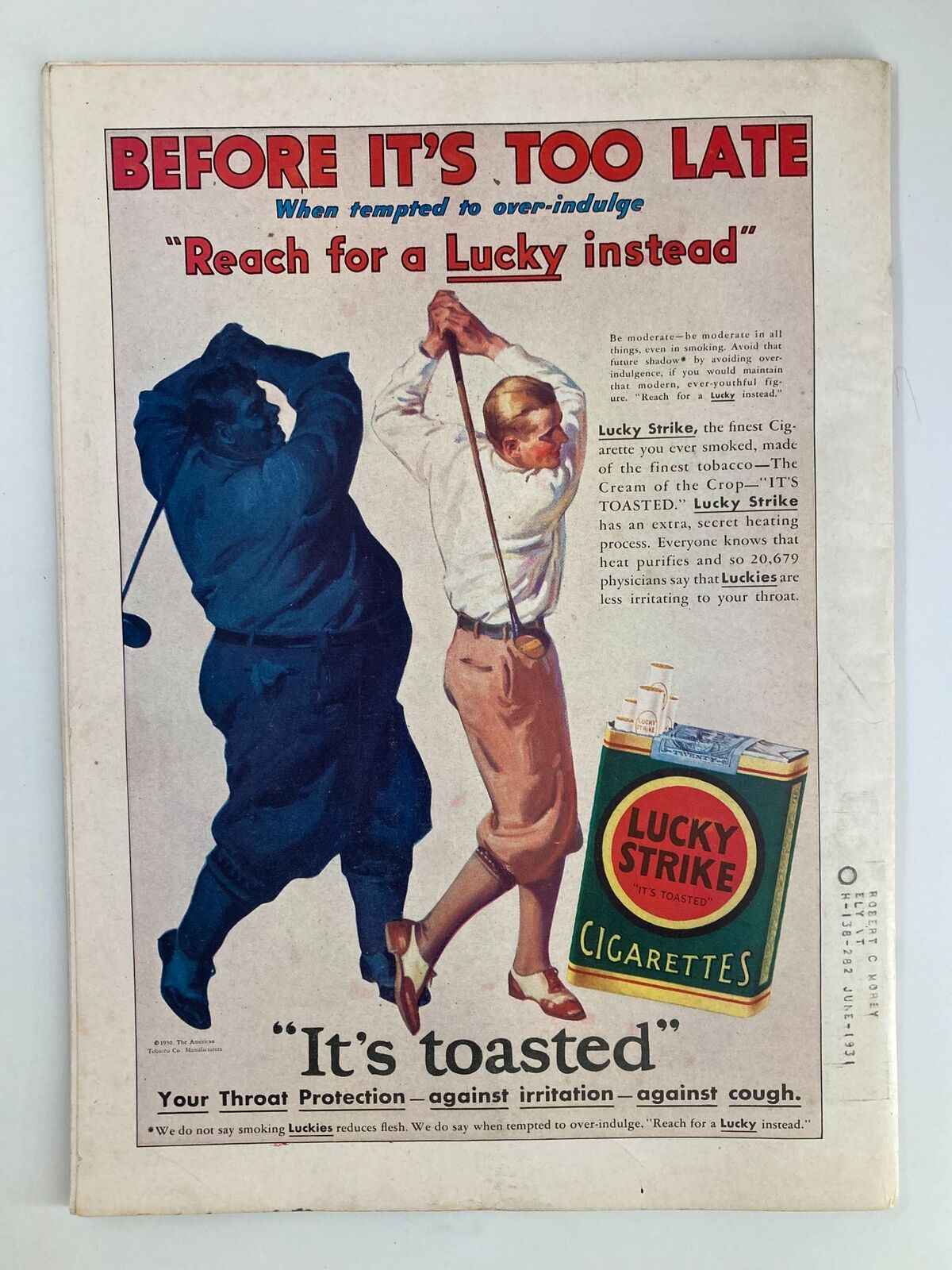 Vintage advertisement page from VTG Time Magazine September 8 1930, promoting Lucky Strike cigarettes.
