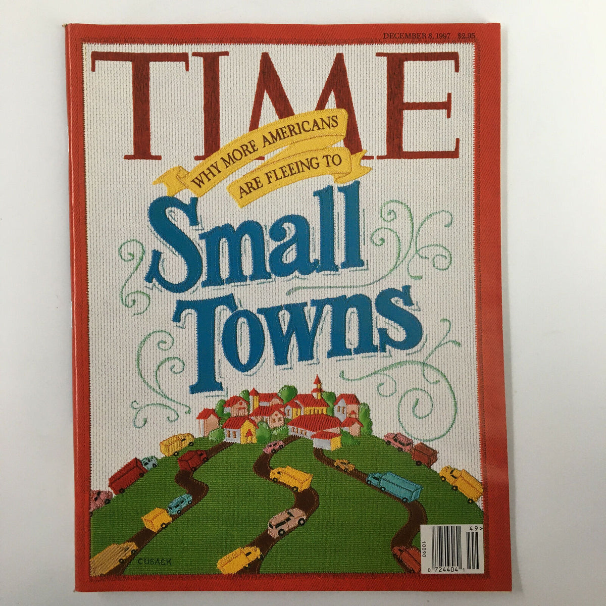 VTG Time Magazine December 8 1997 cover featuring the article 'Why More Americans Are Fleeing to Small Towns' with colorful illustrations of towns and vehicles.
