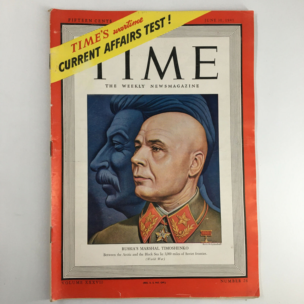 VTG Time Magazine June 30 1941 Vol. 37 No. 26 featuring Russia's Marshal Timoshenko on the cover with a colorful illustration of his profile and historical context related to World War II.