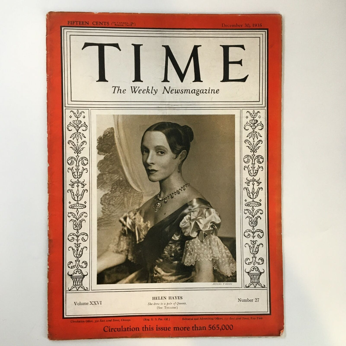 Vintage Time Magazine cover from December 30, 1935, featuring actress Helen Hayes, Volume XXVI No. 27, showcasing historical significance and classic journalism.