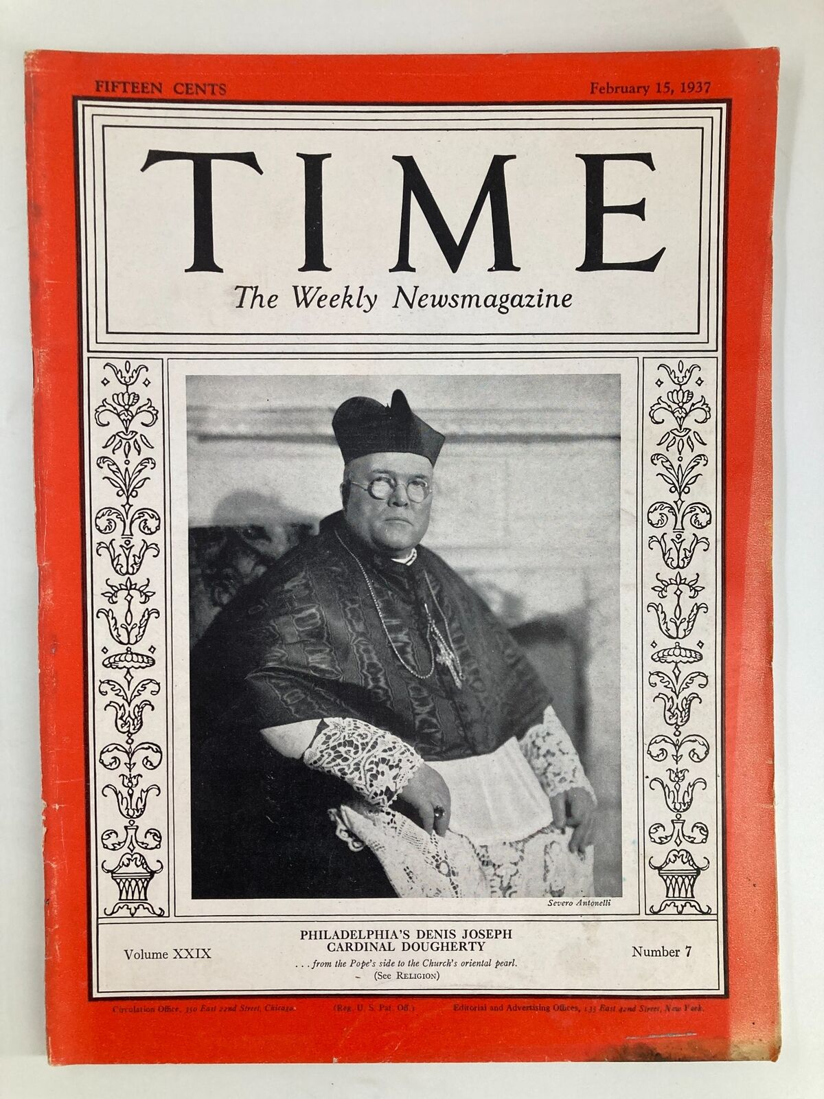 Vintage Time Magazine cover from February 15, 1937, featuring Denis Joseph Cardinal Dougherty. The magazine highlights significant historical events and figures.