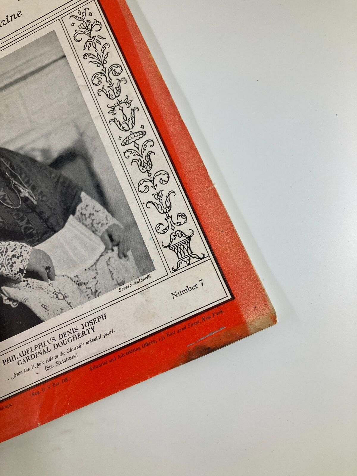 Close-up of the vintage Time Magazine cover dated February 15, 1937, showcasing Denis Joseph Cardinal Dougherty. Includes details of magazine's title and decorative elements.