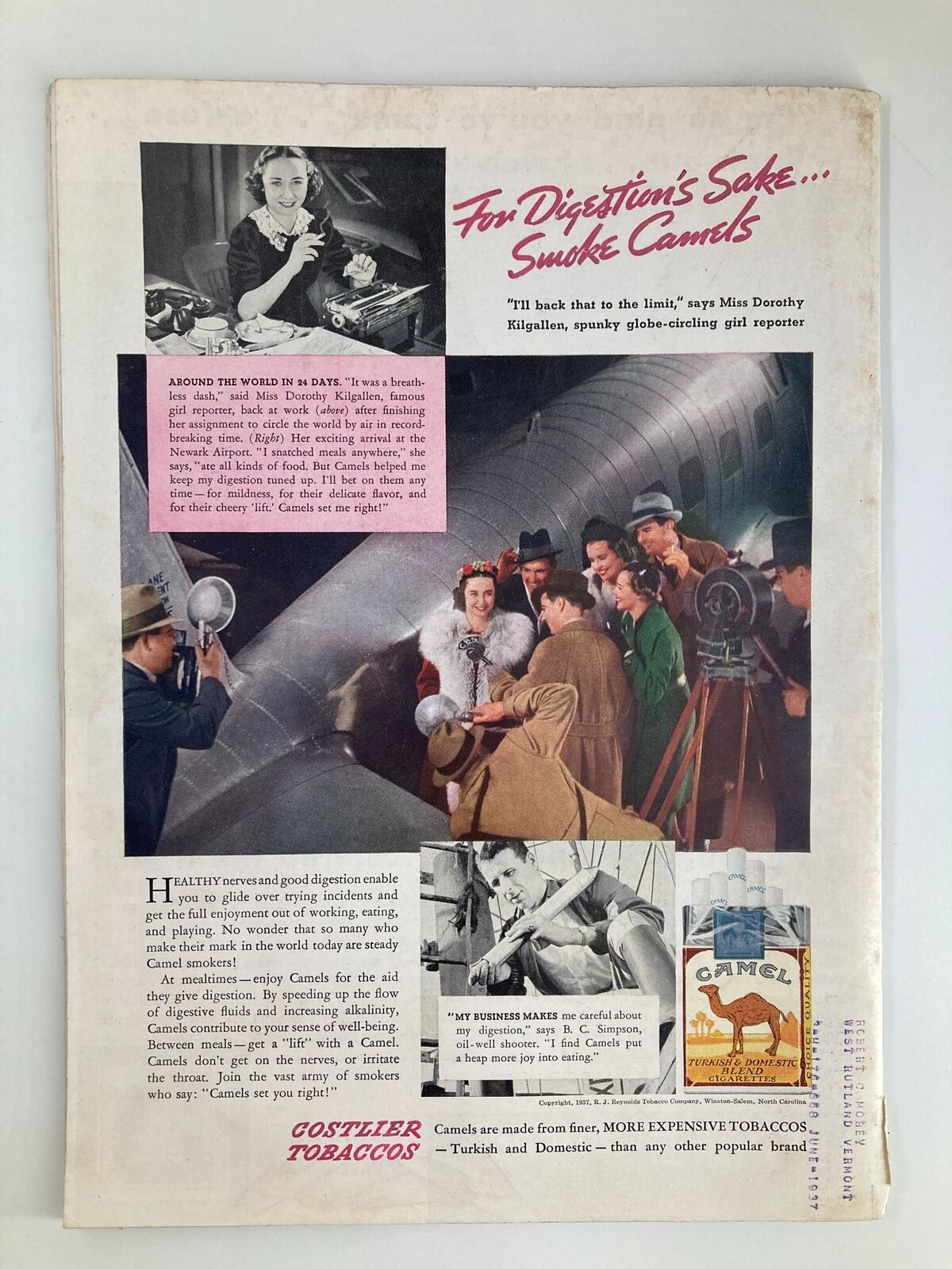 Vintage advertisement from Time Magazine February 15, 1937 featuring Dorothy Kilgallen promoting Camel cigarettes, showcasing a historical scene with reporters and actors.
