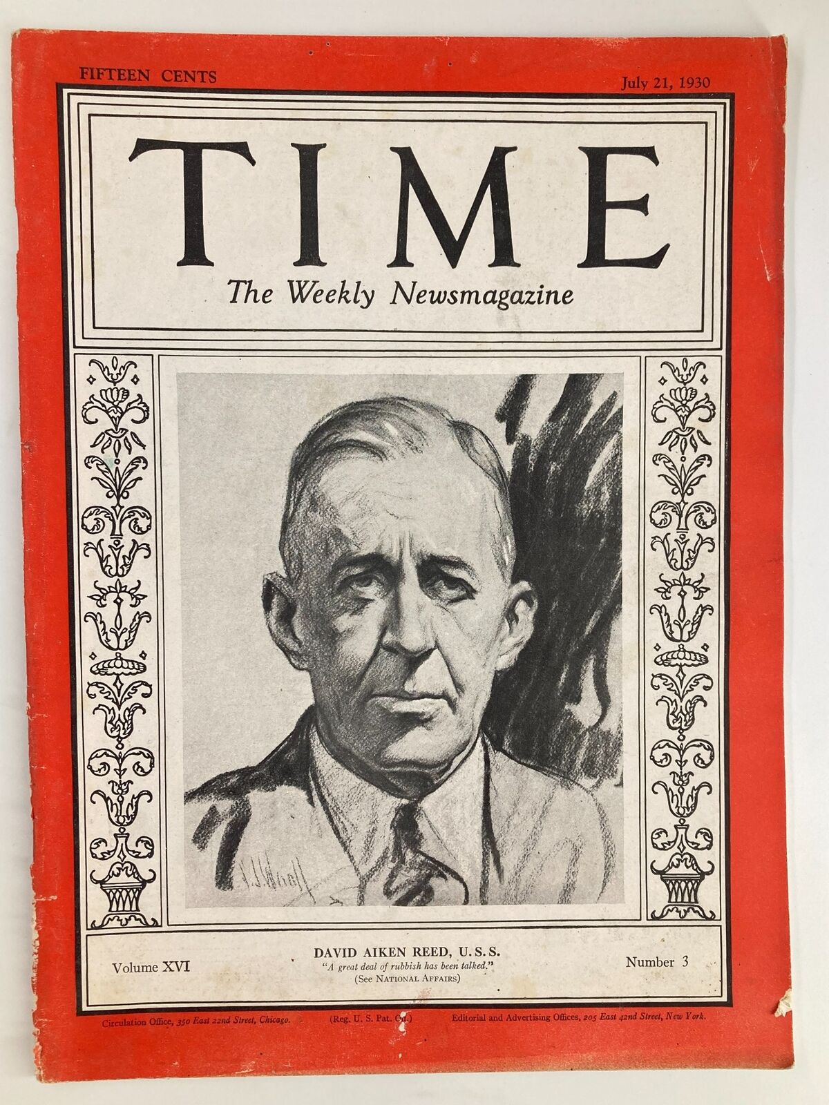 Front cover of VTG Time Magazine July 21 1930 Vol 16 No. 3 featuring a portrait of David Aiken Reed U.S.S., showcasing classic 1930s design elements and vintage publication appeal.