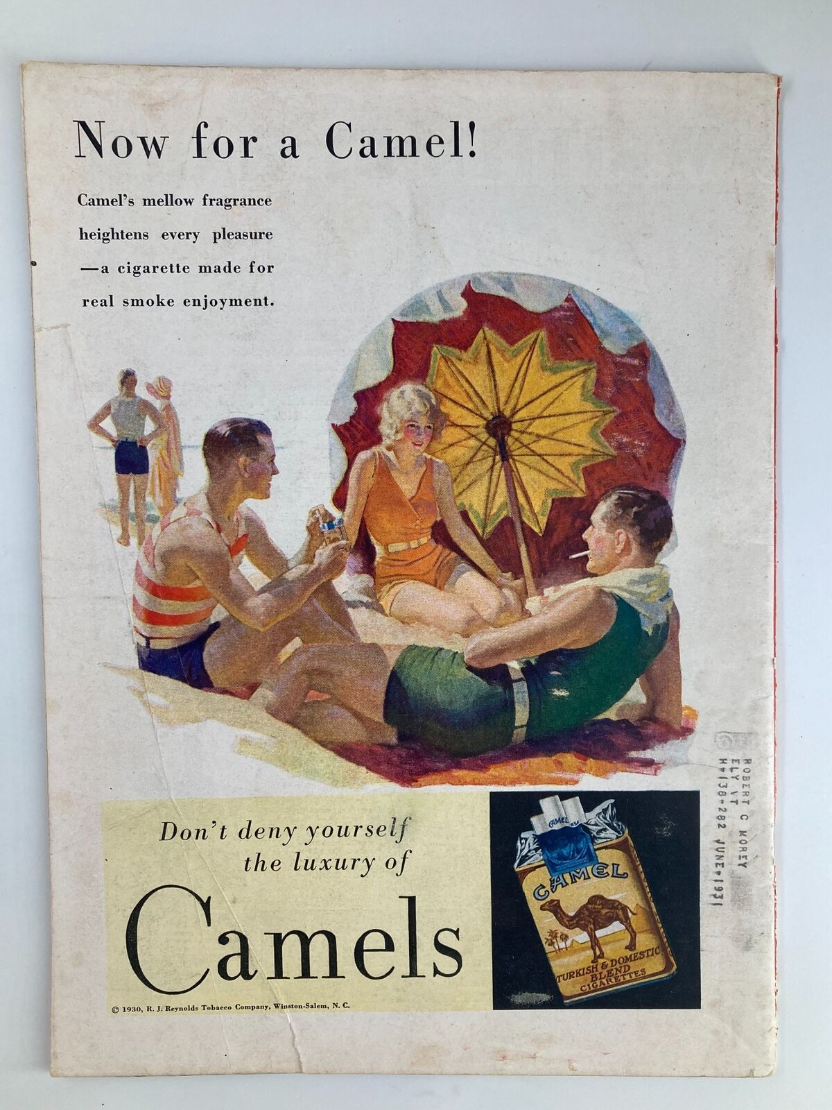 Back cover of the vintage Time Magazine July 21 1930 Vol 16 No. 3, featuring a Camel cigarette advertisement with a colorful illustration of people at the beach.