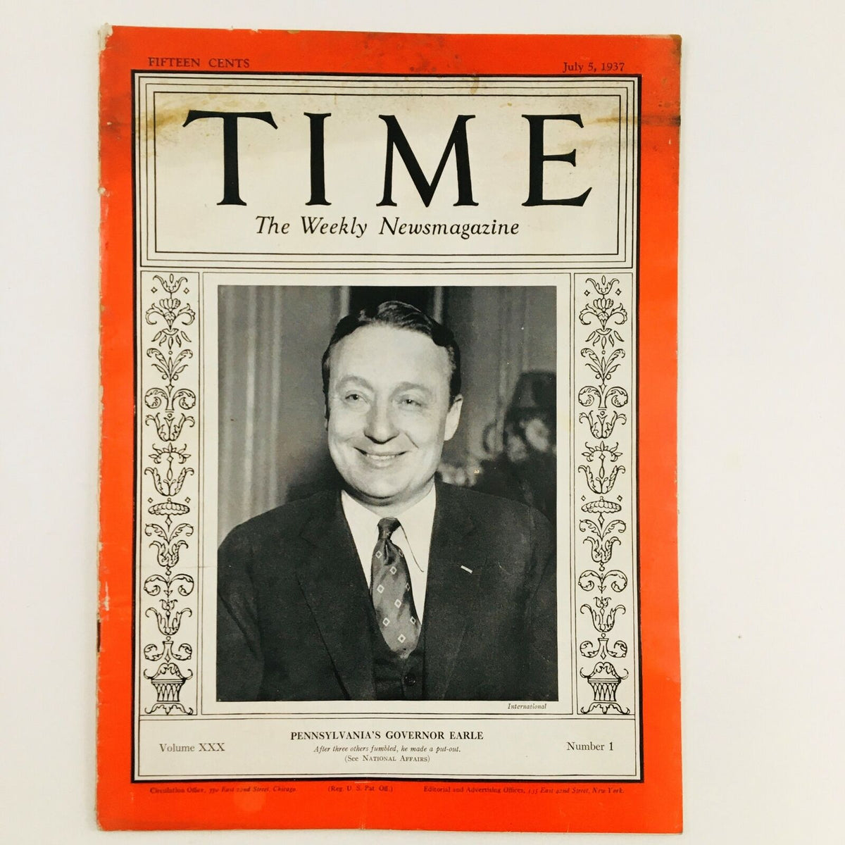 Cover of Time Magazine, July 5, 1937, Vol. 30, No. 1, featuring Pennsylvania Governor George Earle