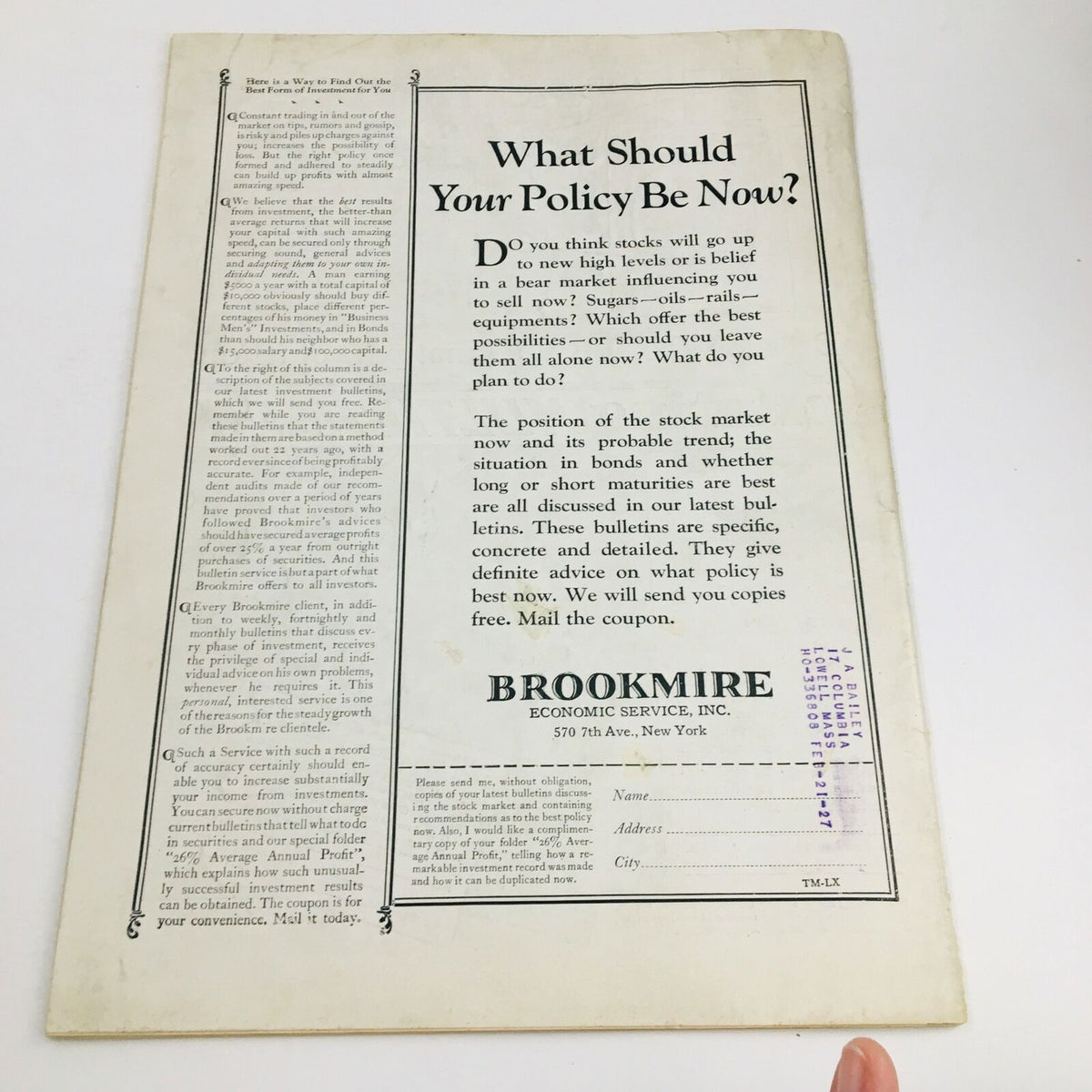 Back cover of VTG Time Magazine April 19 1926 displaying an advertisement from Brookmire Economic Service, emphasizing financial insights relevant to the era.