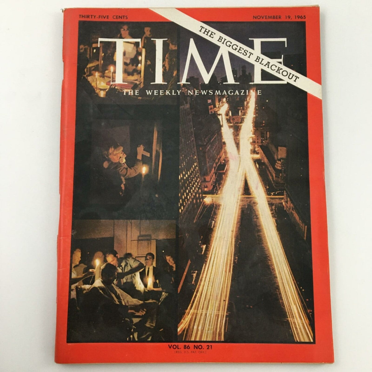 Vintage Time Magazine from November 19, 1965, featuring the title 'The Biggest Blackout', showcasing a collage of images depicting the chaos of a massive blackout, with people using candles and flashlights.