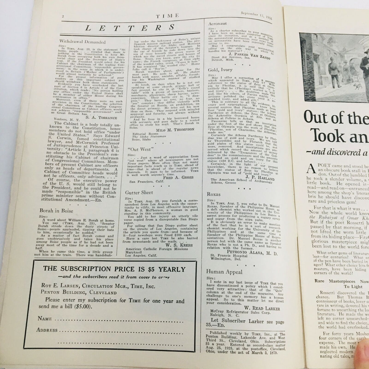 Page from VTG Time Magazine September 13, 1926, featuring letters to the editor and subscription details, showcasing the magazine's historical format.