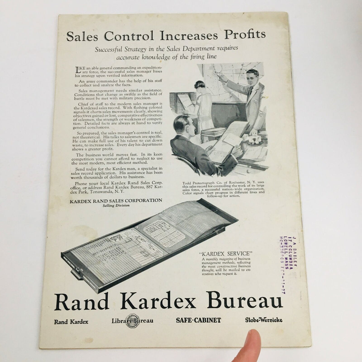 Advertorial page from VTG Time Magazine September 13, 1926, promoting Rand Kardex Bureau sales solutions, illustrating vintage marketing strategies.