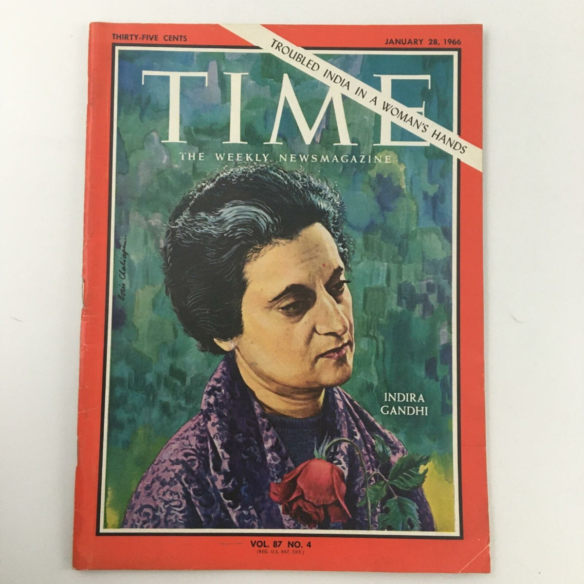 VTG Time The Weekly News Magazine January 28, 1966 featuring Indira Gandhi on the cover, showcasing a portrait with a rose, capturing a historical moment.
