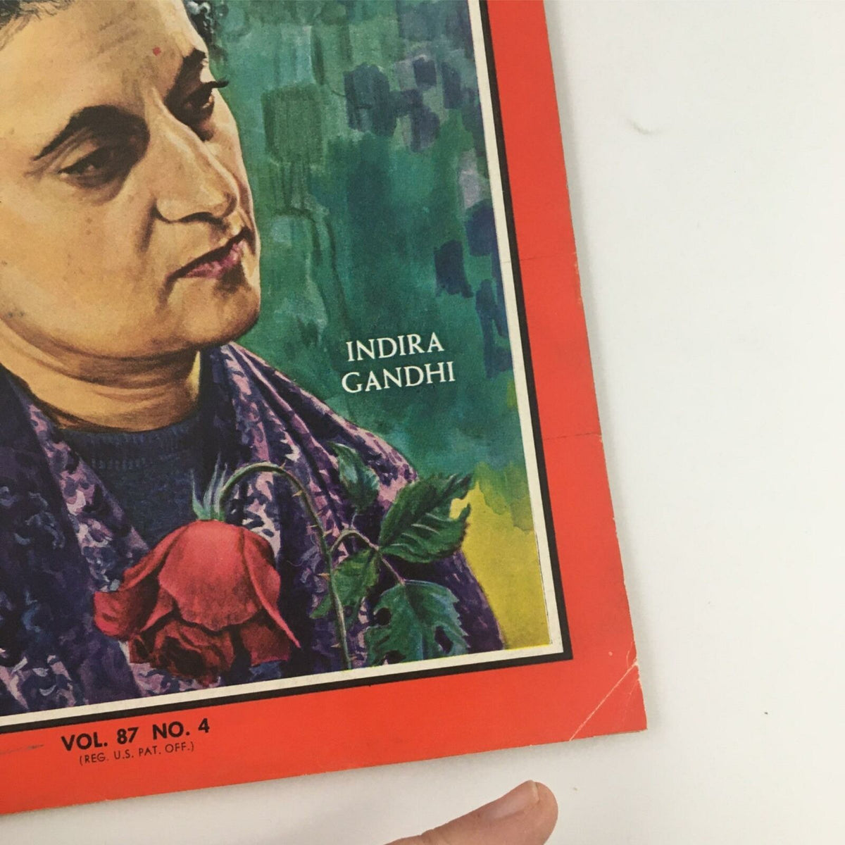 Close-up of VTG Time The Weekly News Magazine January 28, 1966 cover highlighting Indira Gandhi's portrait and her name, emphasizing vintage magazine details.