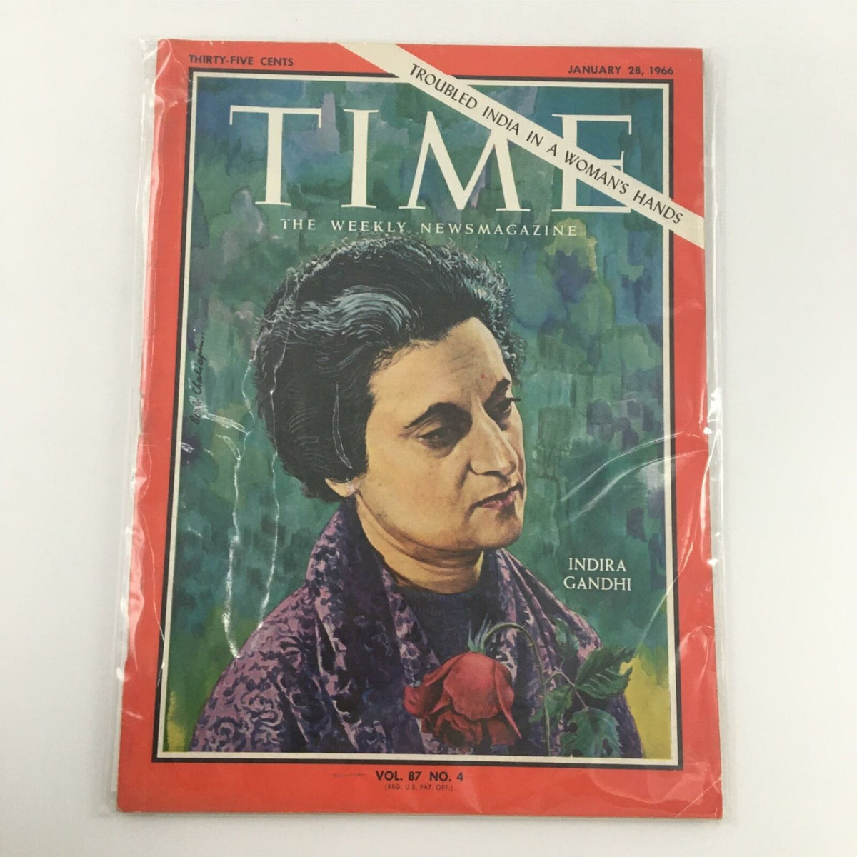 VTG Time The Weekly News Magazine January 28, 1966 cover protected in plastic, featuring Indira Gandhi, reflecting its vintage condition and historical significance.