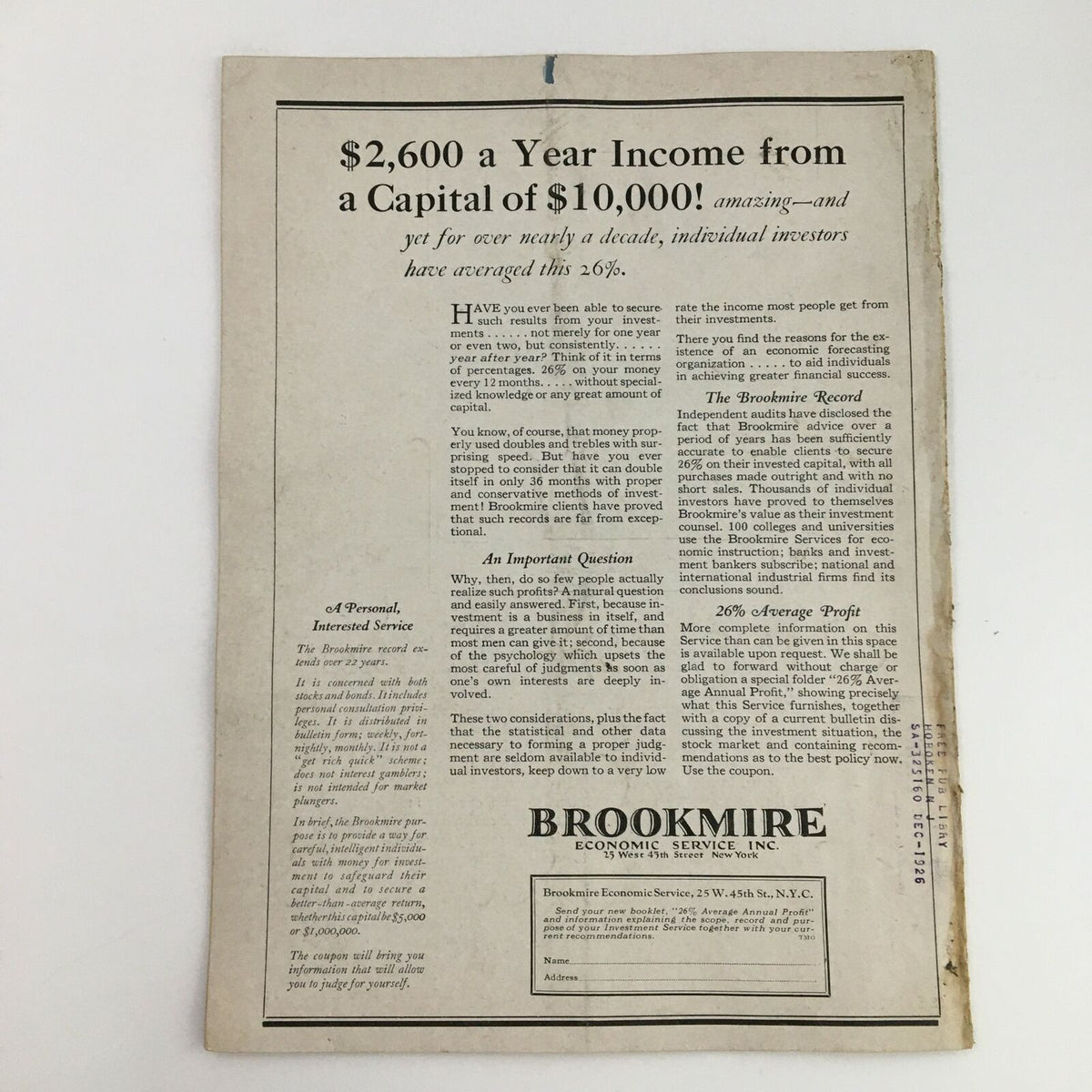 Reverse side of VTG Time Magazine February 8 1926 Volume VII Number 6 featuring an advertisement for investment opportunities.