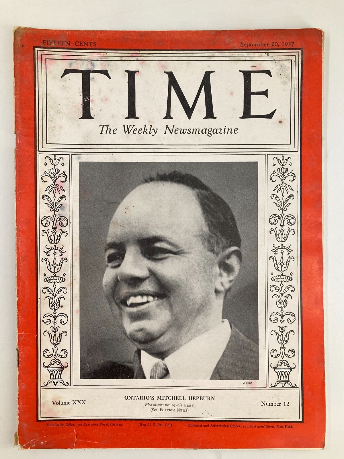VTG Time Magazine September 20 1937 cover featuring Ontario's Mitchell Hepburn, Volume 30 No. 12, showcasing a historical political figure.