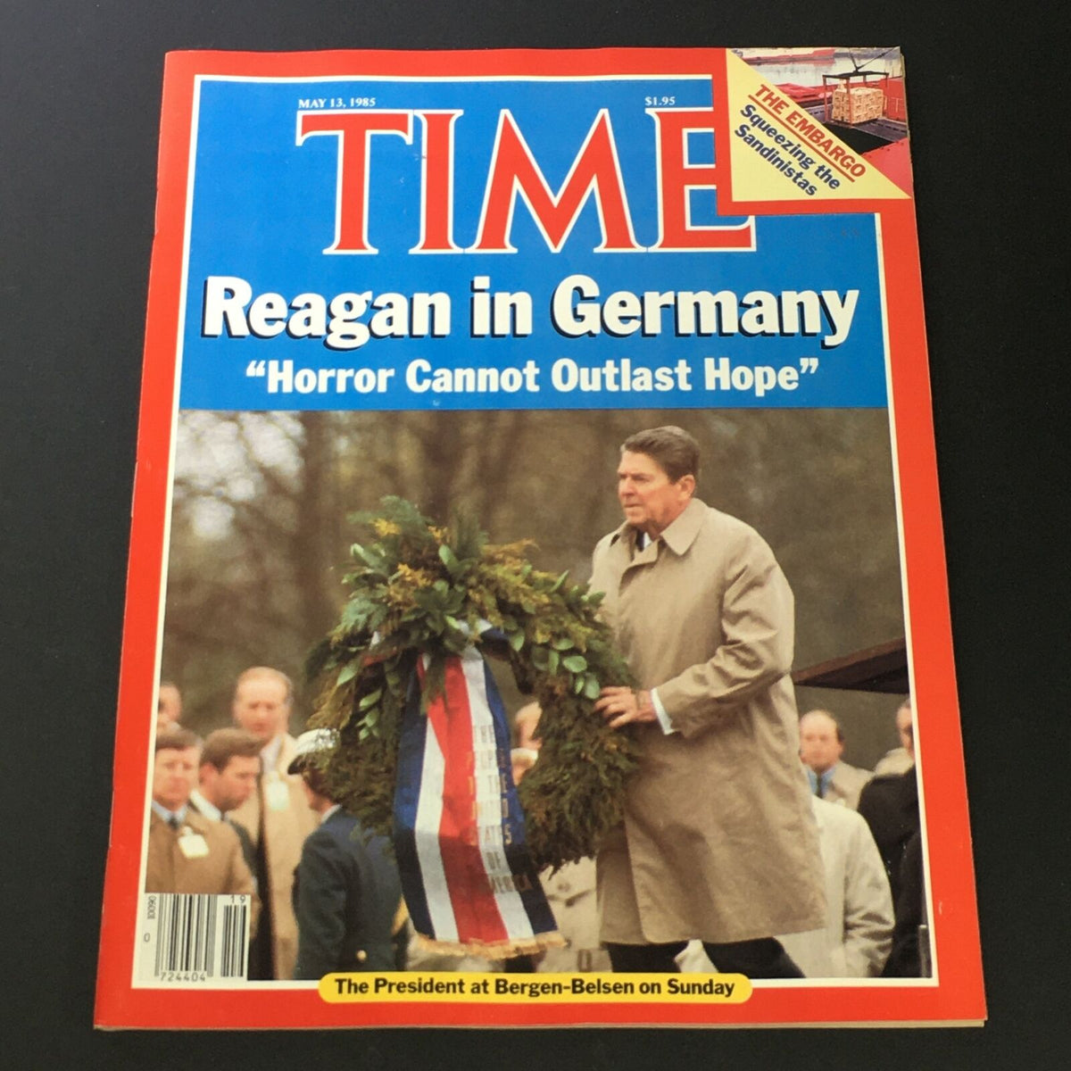 Cover of VTG Time Magazine dated May 13, 1985, featuring Ronald Reagan in Germany, holding a wreath with the headline 'Horror Cannot Outlast Hope'.