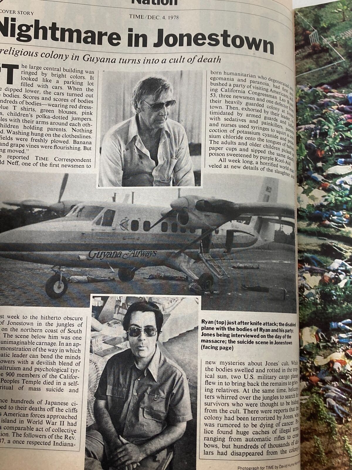 Inside page of VTG Time Magazine December 4 1978 depicting scenes from Jonestown, detailing the aftermath of the cult tragedy with photographs of bodies.