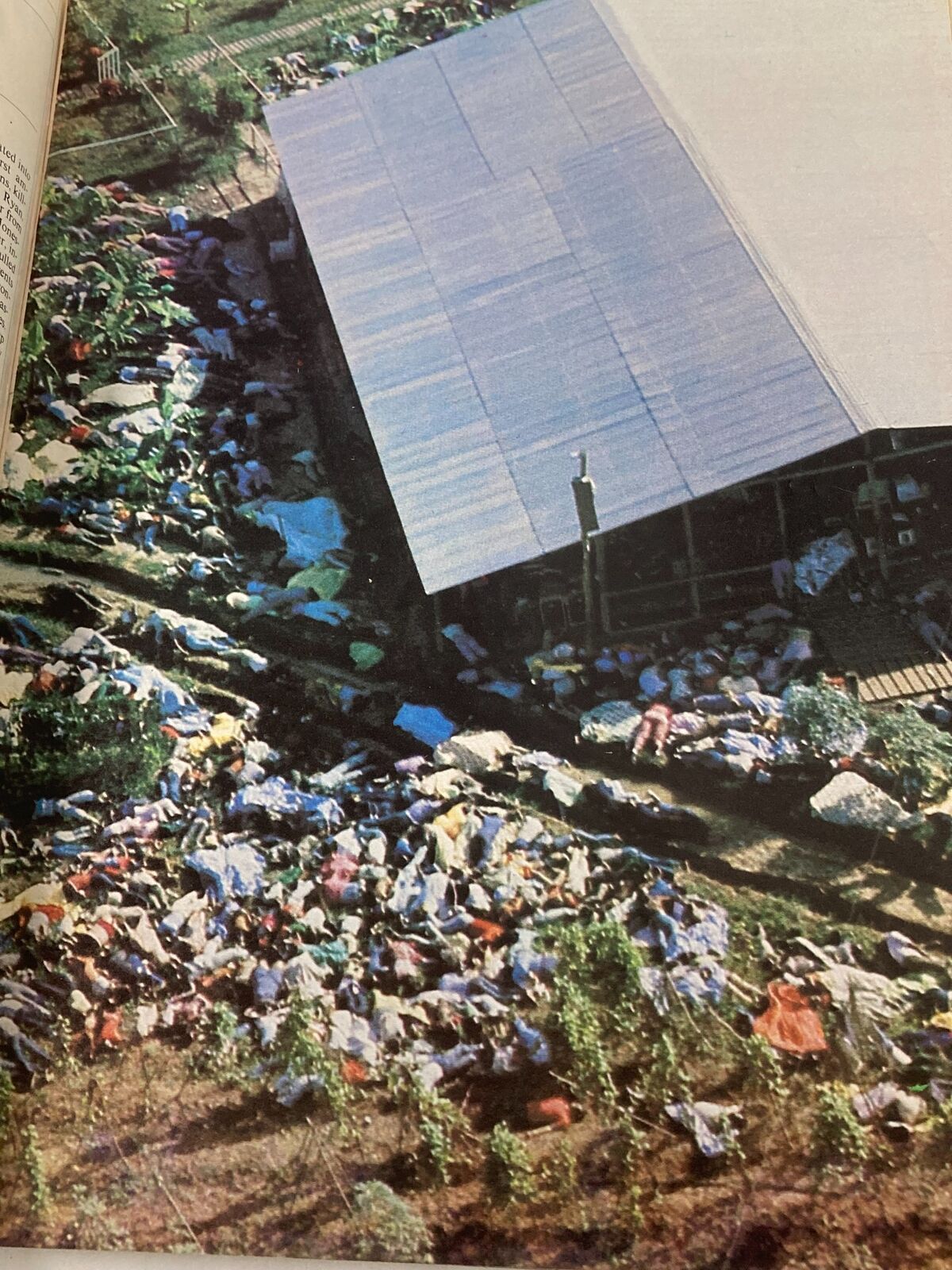 Aerial view from VTG Time Magazine December 4 1978 showing the aftermath of the Jonestown incident, with numerous bodies surrounding a structure.