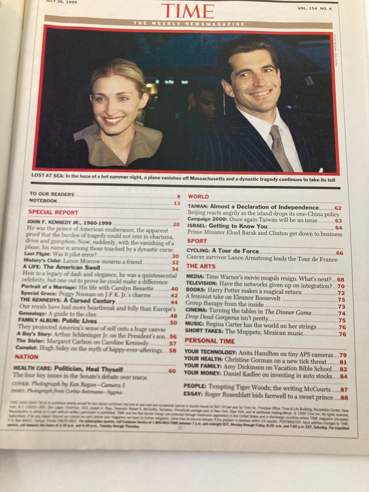 Interior page from Time Magazine July 26, 1999, featuring a special report on John Fitzgerald Kennedy Jr. with articles and headlines about his life and legacy.