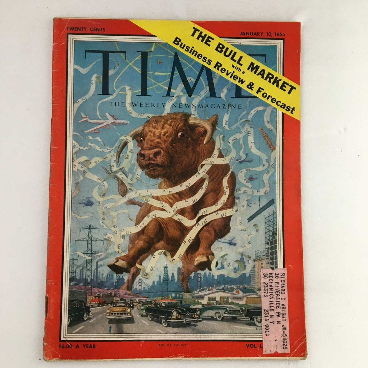 Cover of Time Magazine from January 10, 1955, featuring the title 'The Bull Market' with a captivating illustration of a bull and a retro cityscape.