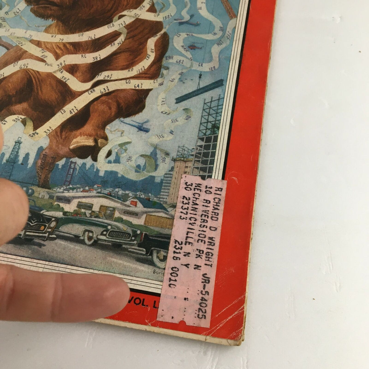 Close-up of the Time Magazine cover from January 10, 1955, showcasing the title 'The Bull Market' with a visible address label.