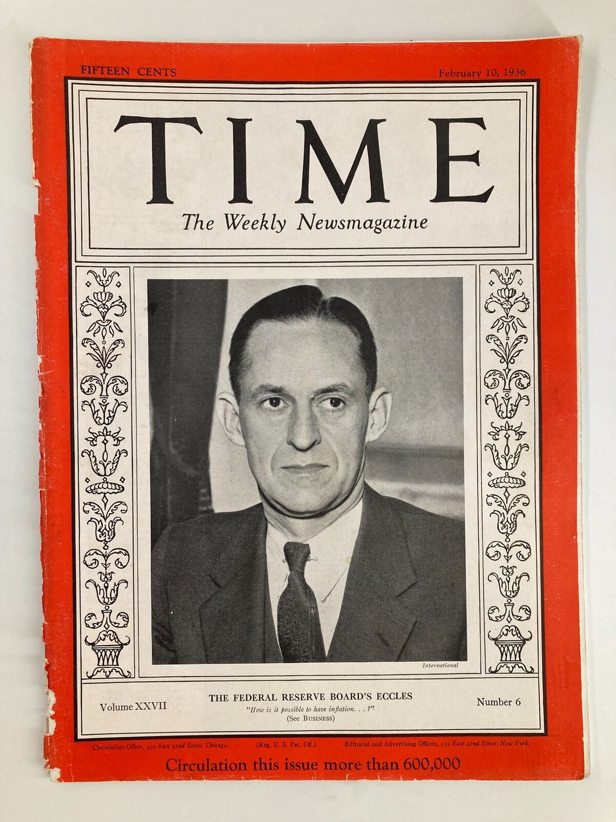Time Magazine February 10 1936 Vol 27 No. 6 Federal Reserve Board Eccles