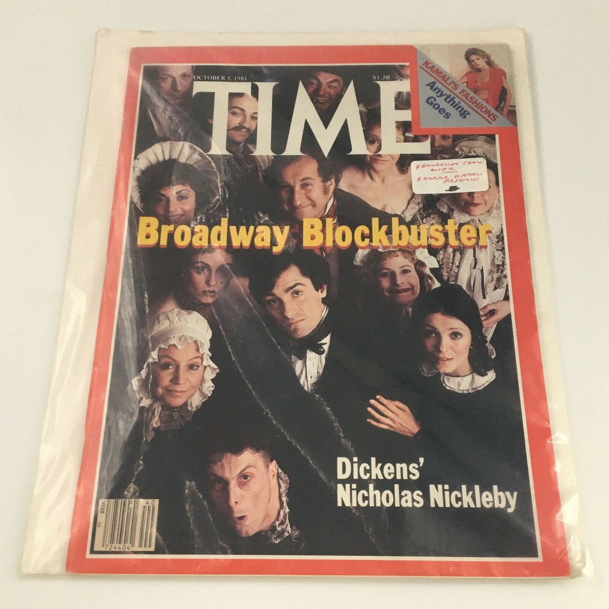 VTG Time Magazine Cover - October 5 1981 encased in a protective sleeve, showcasing Broadway Blockbuster and Dickins' Nicholas Nickleby.