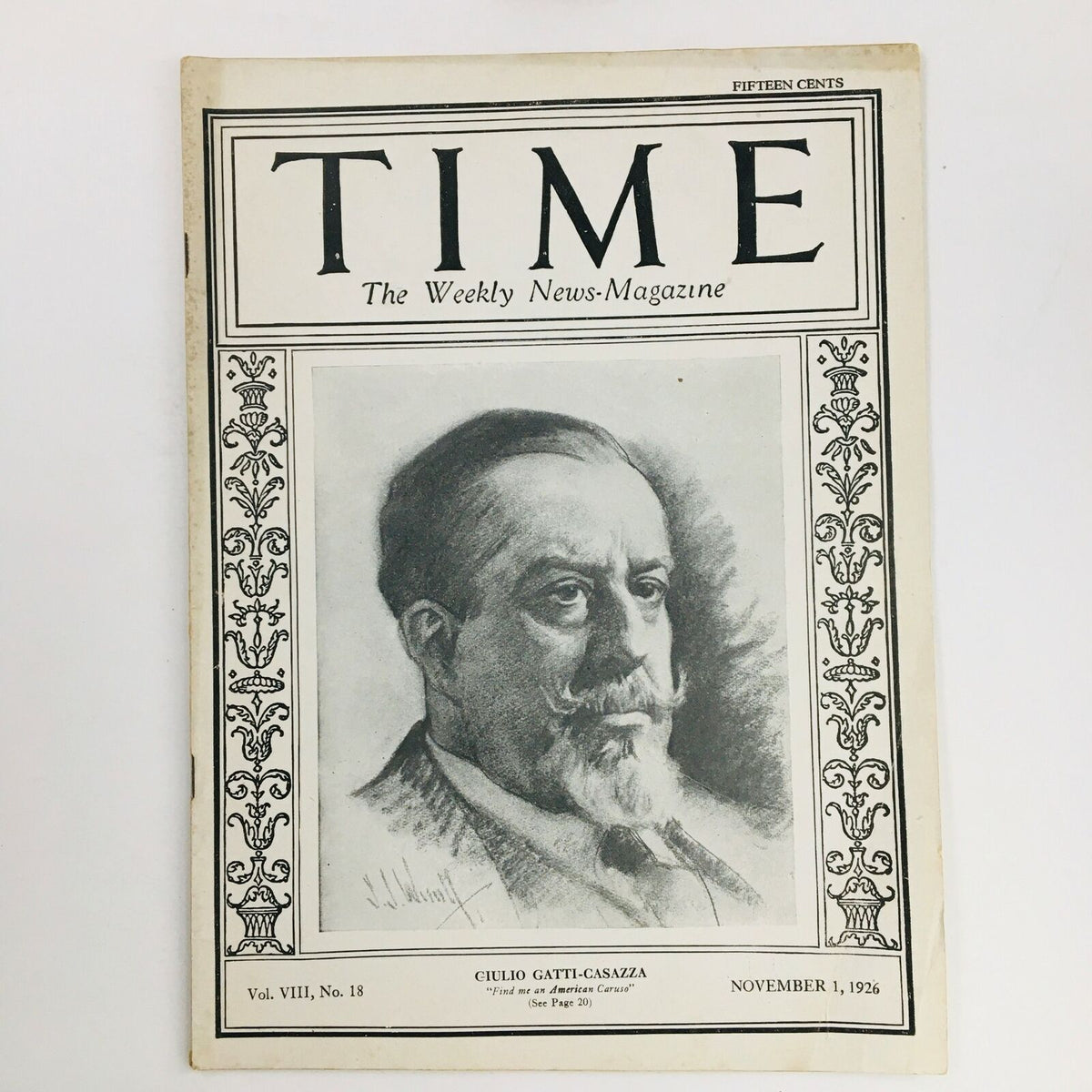 Cover of Time Magazine, November 1, 1926, Vol. VIII, No. 18, featuring Italian Giulio Gatti-Casazza