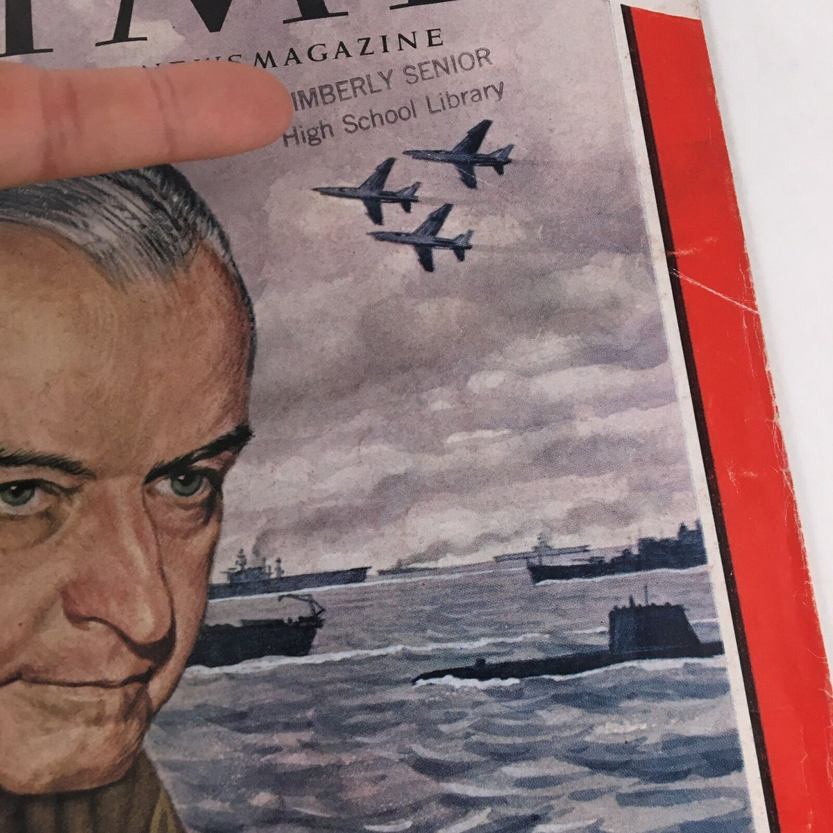 Detailed close-up of Time Magazine August 14 1964 cover illustrating Pacific Commander U. S. Grant Sharp Jr. and aircraft, emphasizing historical context.