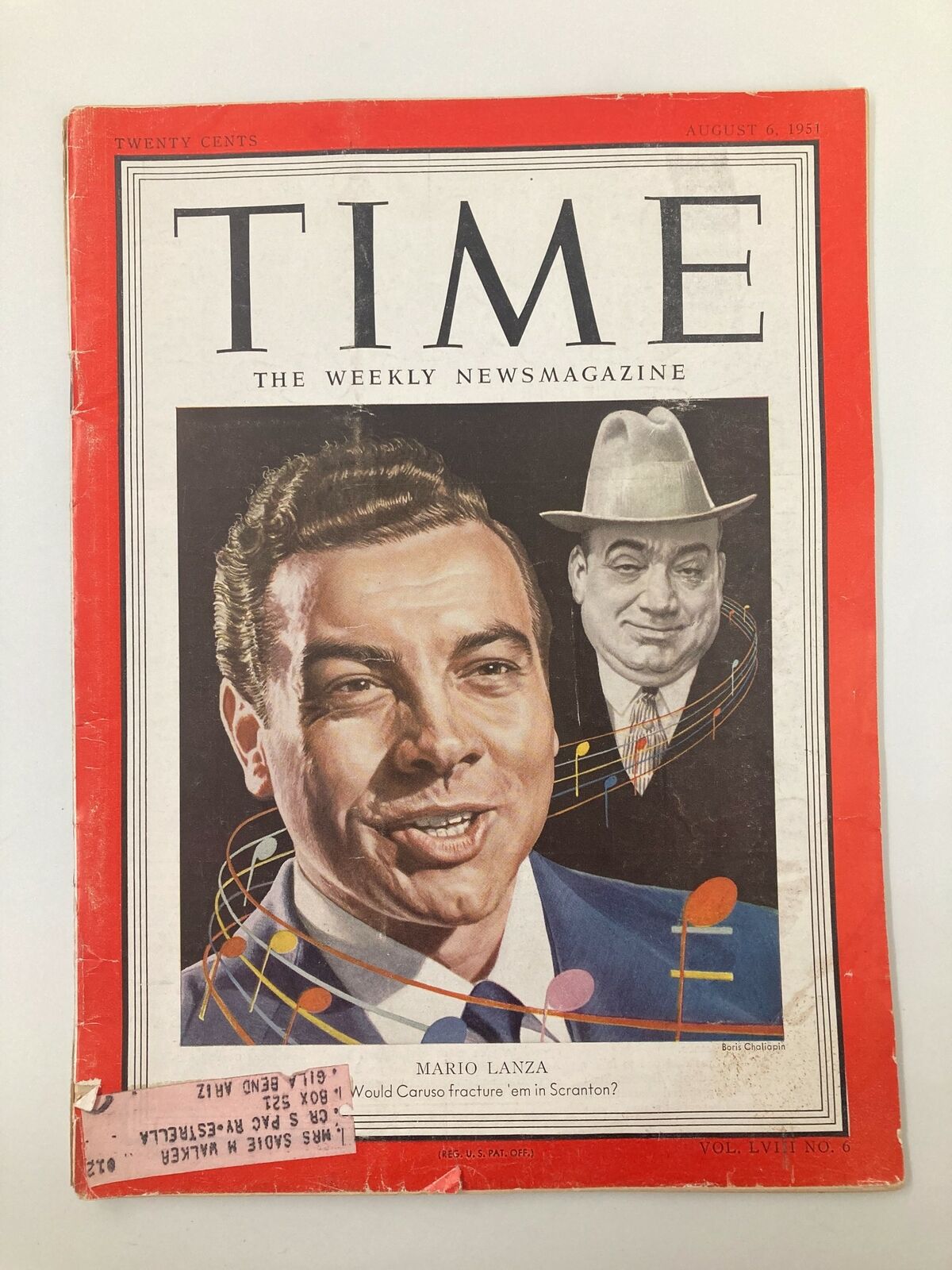 Vintage Time Magazine cover from August 6, 1951, featuring Mario Lanza, Volume 58, Number 6, alongside a whimsical illustration and headline questioning Carruso's impact in Scranton.